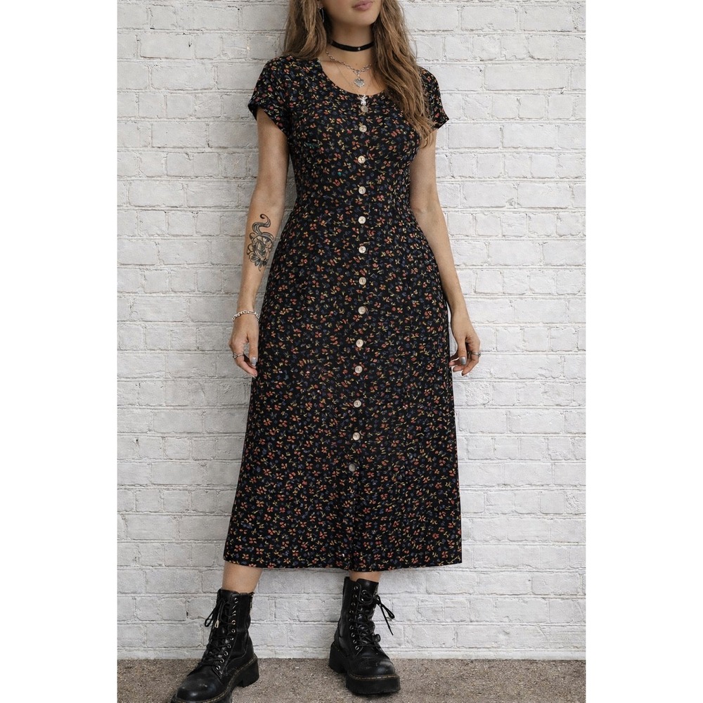 VTG 90s Eileen West Black Floral Midi Dress Button Front Cottagecore Grunge M